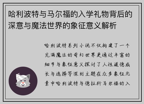 哈利波特与马尔福的入学礼物背后的深意与魔法世界的象征意义解析
