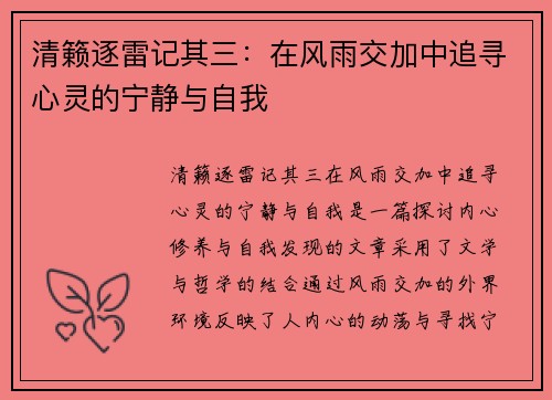 清籁逐雷记其三：在风雨交加中追寻心灵的宁静与自我